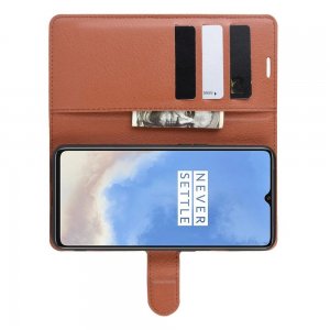 Чехол книжка кошелек с отделениями для карт и подставкой для OnePlus 7T - Коричневый