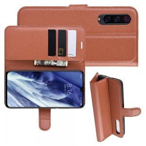 Чехол книжка кошелек с отделениями для карт и подставкой для Xiaomi Mi 9 Pro - Коричневый