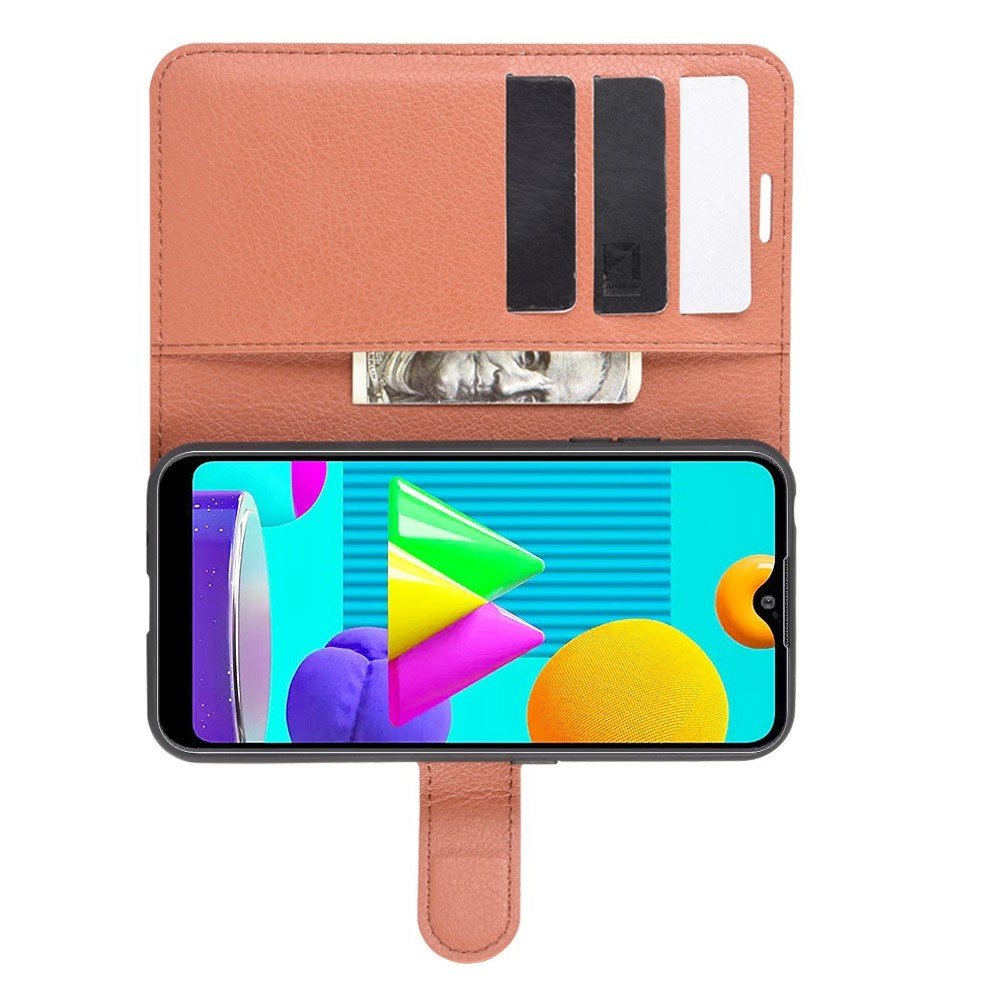Чехол книжка для Samsung Galaxy M01 отделения для карт и подставка Коричневый