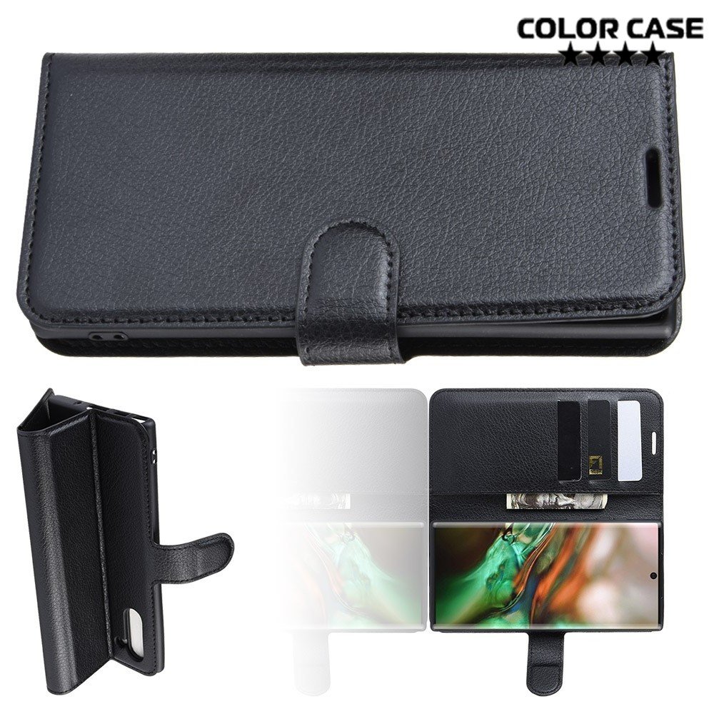 Чехол книжка кошелек с отделениями для карт и подставкой для Samsung Galaxy Note 10 - Черный