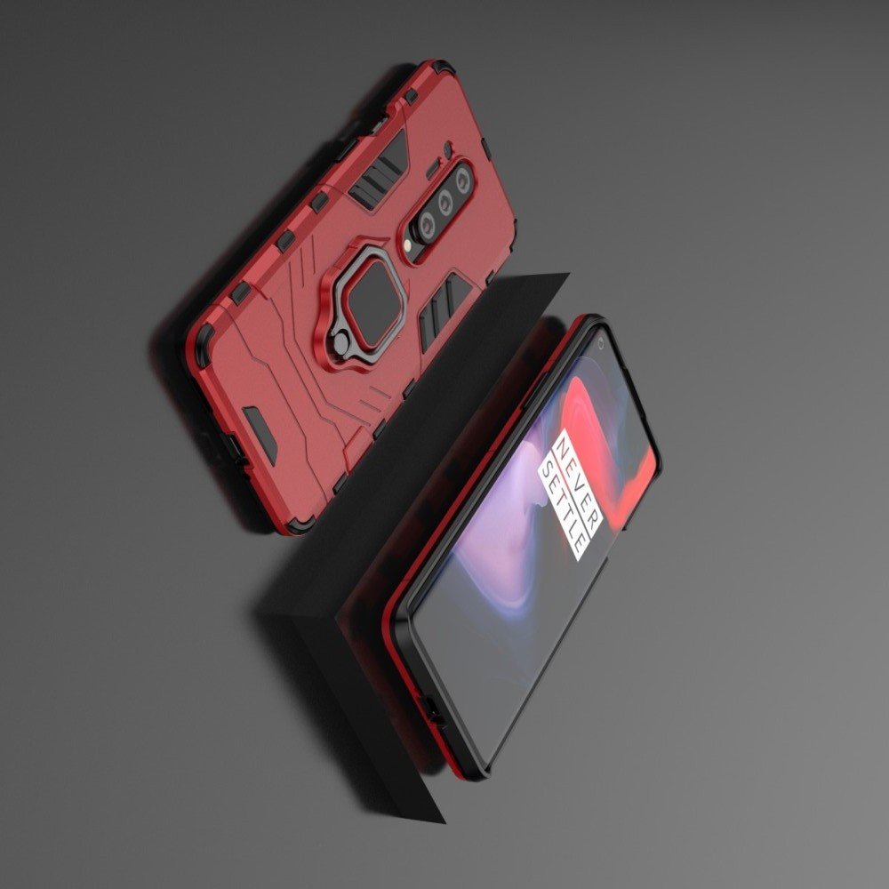 Hybrid Armor Ring Противоударный защитный двухслойный чехол с кольцом под палец подставкой держателем для OnePlus 8 Pro Красный