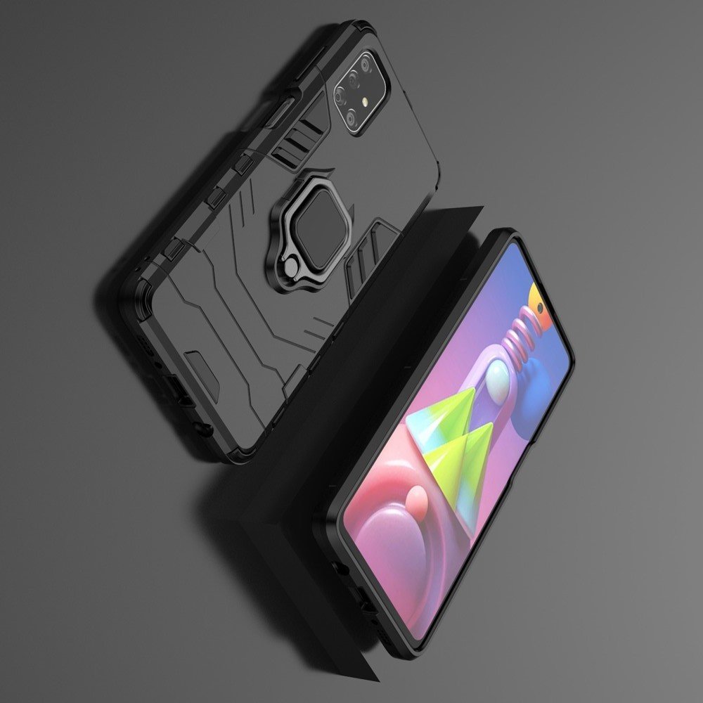 Hybrid Armor Ring Противоударный защитный двухслойный чехол с кольцом под палец подставкой держателем для Samsung Galaxy M51 Черный
