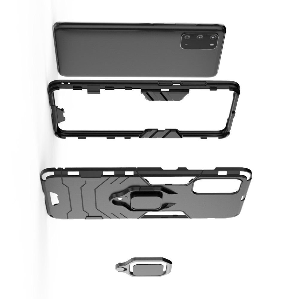 Hybrid Armor Ring Противоударный защитный двухслойный чехол с кольцом под палец подставкой держателем для Samsung Galaxy S20 Черный