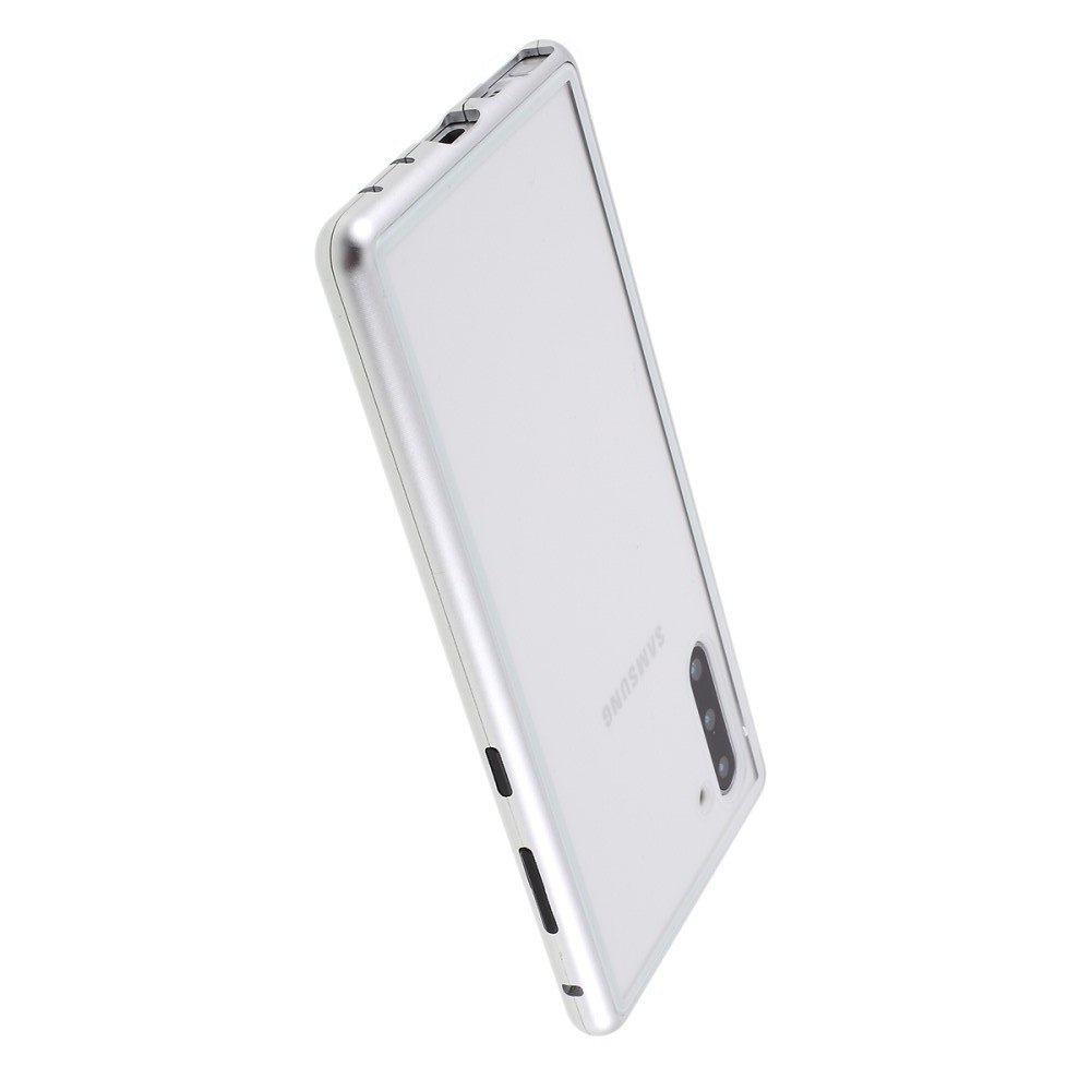 Магнитный Стеклянный Чехол с Металлическим Бампером для Samsung Galaxy Note 10 Серебряный