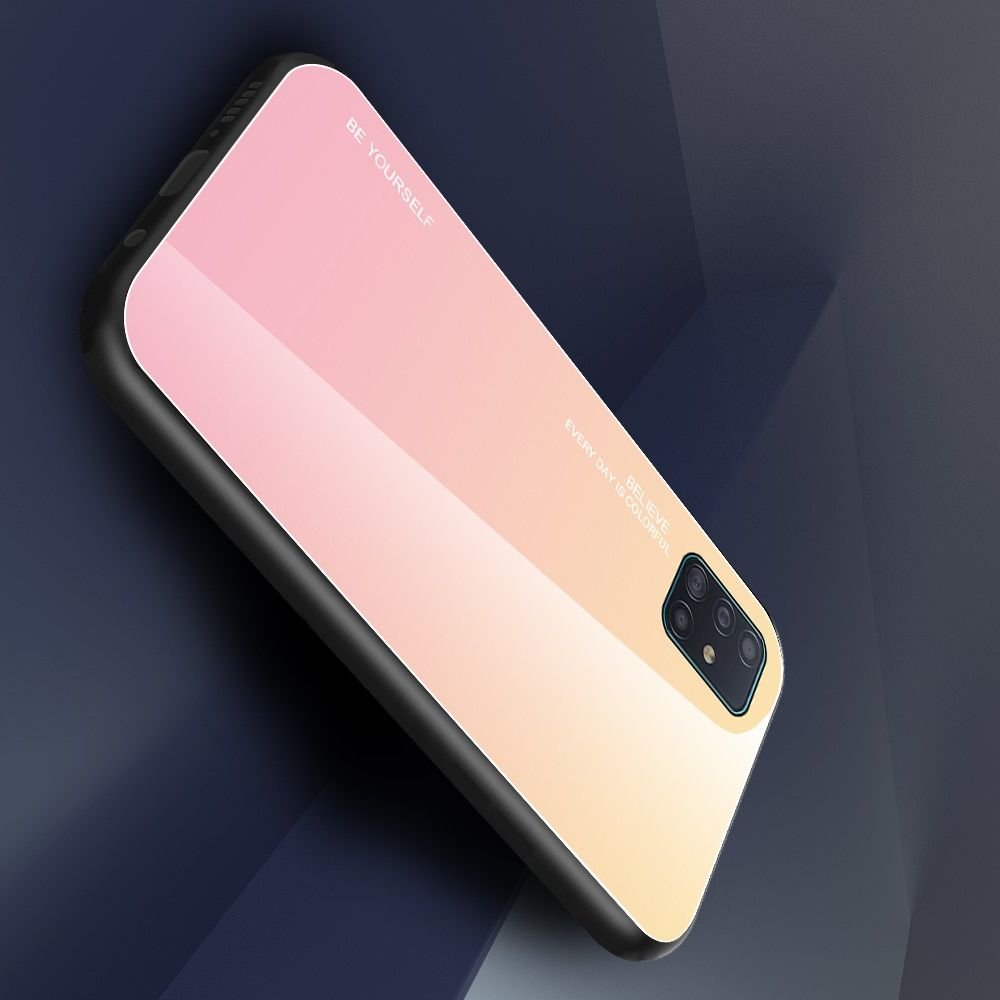 Силиконовый Градиентный Стеклянный Чехол для Samsung Galaxy A51 Синий / Розовый