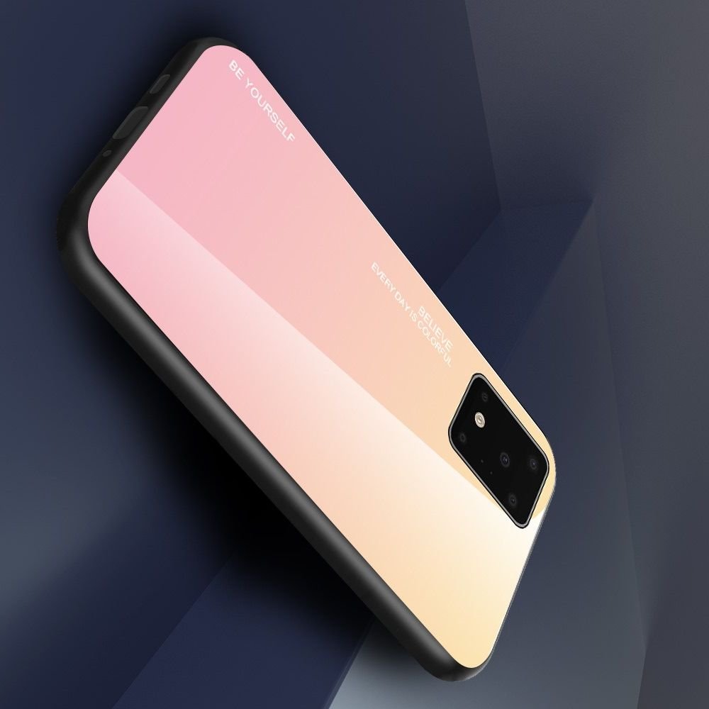 Силиконовый Градиентный Стеклянный Чехол для Samsung Galaxy S20 Plus Золотой / Розовый