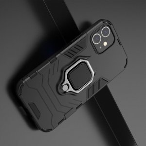 Hybrid Armor Ring Противоударный защитный двухслойный чехол с кольцом под палец подставкой держателем для iPhone 12 Черный