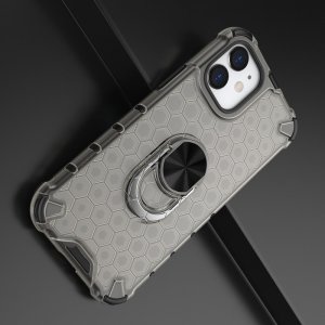 Hybrid Armor Ring Противоударный защитный двухслойный чехол с кольцом под палец подставкой держателем для iPhone 12 mini Черный