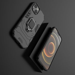 Hybrid Armor Ring Противоударный защитный двухслойный чехол с кольцом под палец подставкой держателем для iPhone 13 Черный