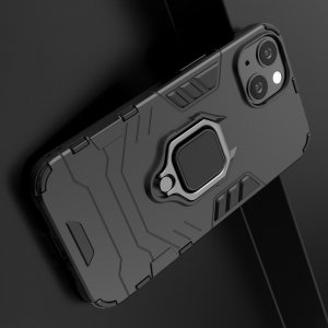 Hybrid Armor Ring Противоударный защитный двухслойный чехол с кольцом под палец подставкой держателем для iPhone 13 Черный