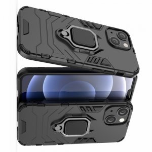 Hybrid Armor Ring Противоударный защитный двухслойный чехол с кольцом под палец подставкой держателем для iPhone 13 mini Черный