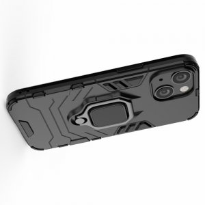 Hybrid Armor Ring Противоударный защитный двухслойный чехол с кольцом под палец подставкой держателем для iPhone 13 mini Черный