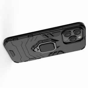 Hybrid Armor Ring Противоударный защитный двухслойный чехол с кольцом под палец подставкой держателем для iPhone 13 Pro Черный