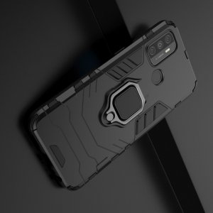 Hybrid Armor Ring Противоударный защитный двухслойный чехол с кольцом под палец подставкой держателем для Oppo A53 (2020) Черный