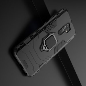 Hybrid Armor Ring Противоударный защитный двухслойный чехол с кольцом под палец подставкой держателем для Xiaomi Redmi 9 Черный