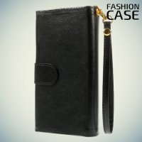 Универсальный чехол кошелек для смартфона с ремешком на руку, магнитной застежкой и отделениями для карт и купюр - Черный