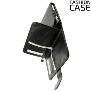 Универсальный чехол кошелек для смартфона с ремешком на руку, магнитной застежкой и отделениями для карт и купюр - Черный