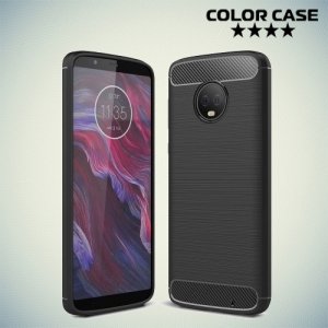 Жесткий силиконовый чехол для Motorola Moto G6 Plus с карбоновыми вставками - Черный
