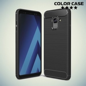 Жесткий силиконовый чехол для Samsung Galaxy A8 2018 с карбоновыми вставками - Черный